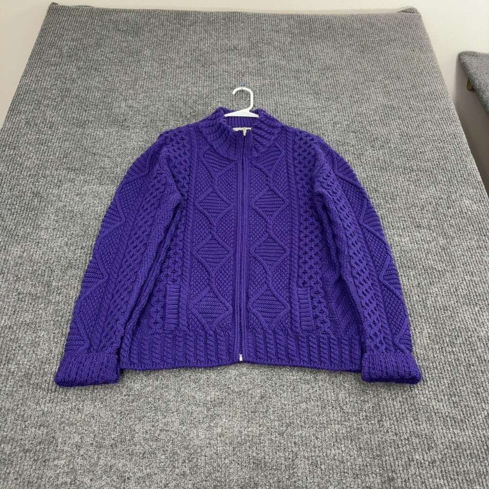 Blarney Aran Originals Sweater Womens L Purple Merino Wool Cable Knit Full Zip